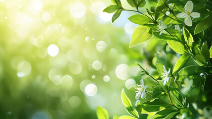 Obraz premium Spring Blossoms and Bokeh. A fresh spring background showcasing blurred bokeh, green leaves, and delicate white blossoms, evocative of Easter and new beginnings.