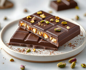 Rich Milk Chocolate Bar Filled with Caramel and Pistachio Nuts on a White Plate : Generative AI