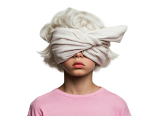 Child with blindfold on, white isolate background
