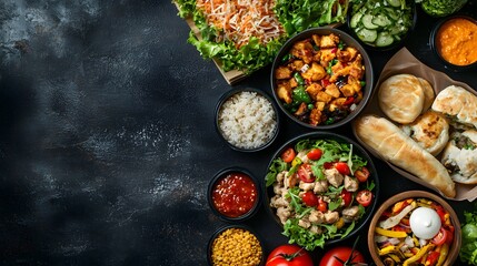 Variety of delicious street food spread out on a table for a mouthwatering culinary experience and feast