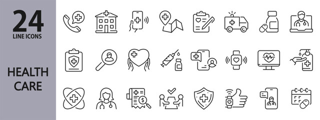 Healthcare line icons set with Doctor, Medical, Medical, Emergency, Vaccination, Report, Patient and more. Editable Stroke