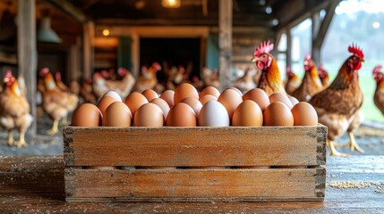 Farm-fresh chicken eggs displayed in a wooden crate with chickens in the background
