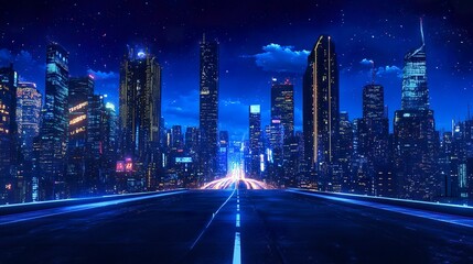 Fototapeta premium A nighttime panorama of a city skyline, featuring towering skyscrapers and modern commercial buildings radiating with golden and blue lights, an empty asphalt road leading toward the glowing horizon 