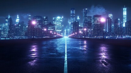 Obraz premium A panoramic city skyline featuring commercial skyscrapers with glowing windows, the empty asphalt road in the foreground reflecting the soft lights of streetlamps, the cityscape exuding quiet vibrancy