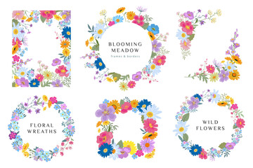 Collection of six vector wreaths and frames with colorful wildflowers. Elegant floral garlands with forget-me-nots, chamomile, daisies.