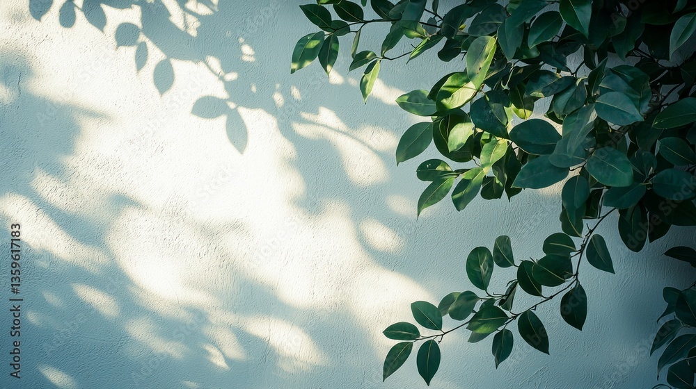 Poster sunlight filters through lush green leaves, casting intricate shadows on a textured wall. the scene 