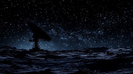 Fototapeta premium Satellite Dish Under Starry Night Sky, A satellite dish on a rocky surface under a starry night sky