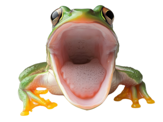 Frog with mouth wide open, white isolated background