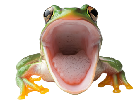 Frog with mouth wide open, white isolated background