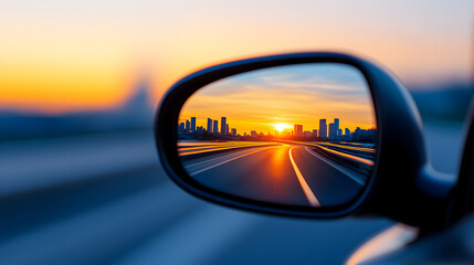 Rearview mirror reflection of a winding road at sunset, symbolizing nostalgia and reminiscence of past 