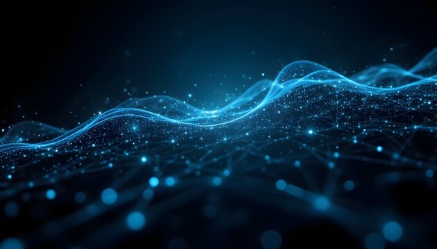 A futuristic, sci fi digital technology concept image featuring a complex network of glowing lines connecting various data points on a sleek, dark background with futuristic data graphics overlaid.