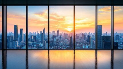 Fototapeta premium A panoramic window view of a bustling city skyline at sunset, skyscrapers standing tall against a gradient sky of pink and gold, the fading light reflecting on the glass 