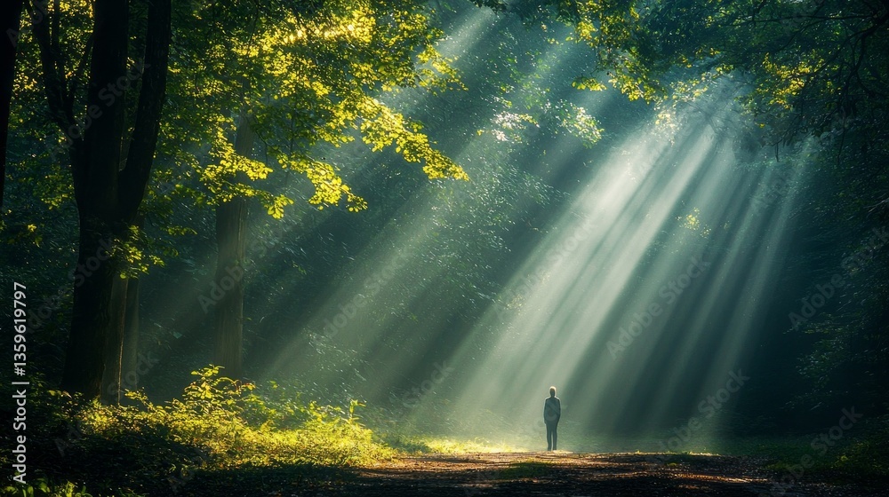 Poster a lone figure strolls along a tranquil forest path as sunlight filters through the canopy, illuminat