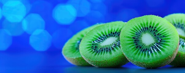 Closeup of Sliced Kiwis on Blue Bokeh Background