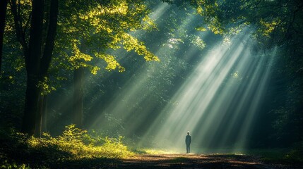 A lone figure strolls along a tranquil forest path as sunlight filters through the canopy, illuminating the lush foliage with a magical glow, creating a peaceful atmosphere
