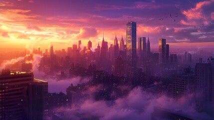 A picturesque skyline piercing through the clouds, with sunrise casting warm, glowing tones on the buildings and the soft mist below, the endless sky transitioning from deep purple to bright orange 