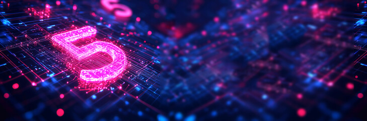 A futuristic city skyline illuminated with digital 5G network signals, representing high-speed internet, IoT connectivity, and wireless data transmission. Banner for design with copy space