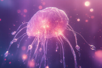 Glowing abstract jellyfish. Ethereal marine life form in shimmering pink and purple hues with trailing tendrils.