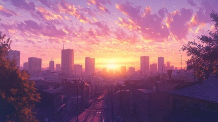 Fototapeta premium A radiant sunrise framing Tokyo skyline, soft pink and gold hues reflecting off modern skyscrapers, and the serene city streets below beginning to stir 