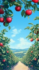 Flat design illustration depicting a flourishing green orchard landscape.