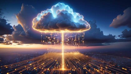 Obraz premium Glowing Cloud with Data Transition to Cloud Storage at Dusk