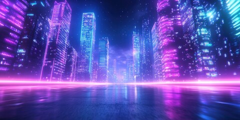 Fototapeta premium Cyberpunk Cityscape at Night Pink and Blue Neon Lights Reflecting on Wet Ground