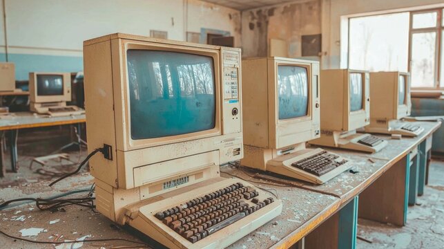An abandoned computer room filled with obsolete equipment.