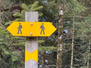 A yellow hiking trail signpost in a forest, mounted on a wooden pole, points in two opposite directions. The sign features two black hiker icons with backpacks and trekking poles. Green trees surround