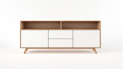 Modern Mid Century Sideboard White Oak Wood Scandinavian Design Open Shelving Storage Cabinet