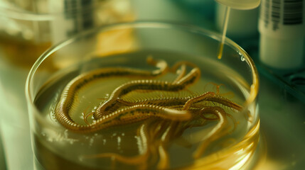 Microscopic view of parasitic worms in a petri dish, surrounded by lab equipment, symbolizing medical research and health concerns in scientific studies.