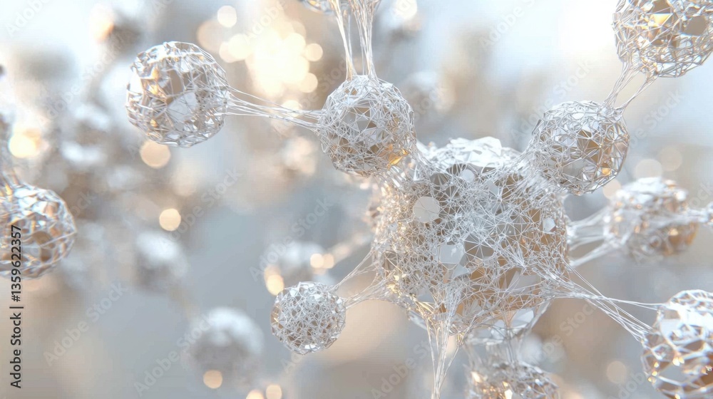 Poster 3d rendering of an abstract molecular network with metallic textures and soft glowing reflections.