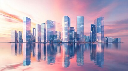 Fototapeta premium A sleek modern city skyline with towering glass skyscrapers reflecting the soft pastel hues of a serene sunset, the calm water below mirroring the vibrant pinks, oranges 
