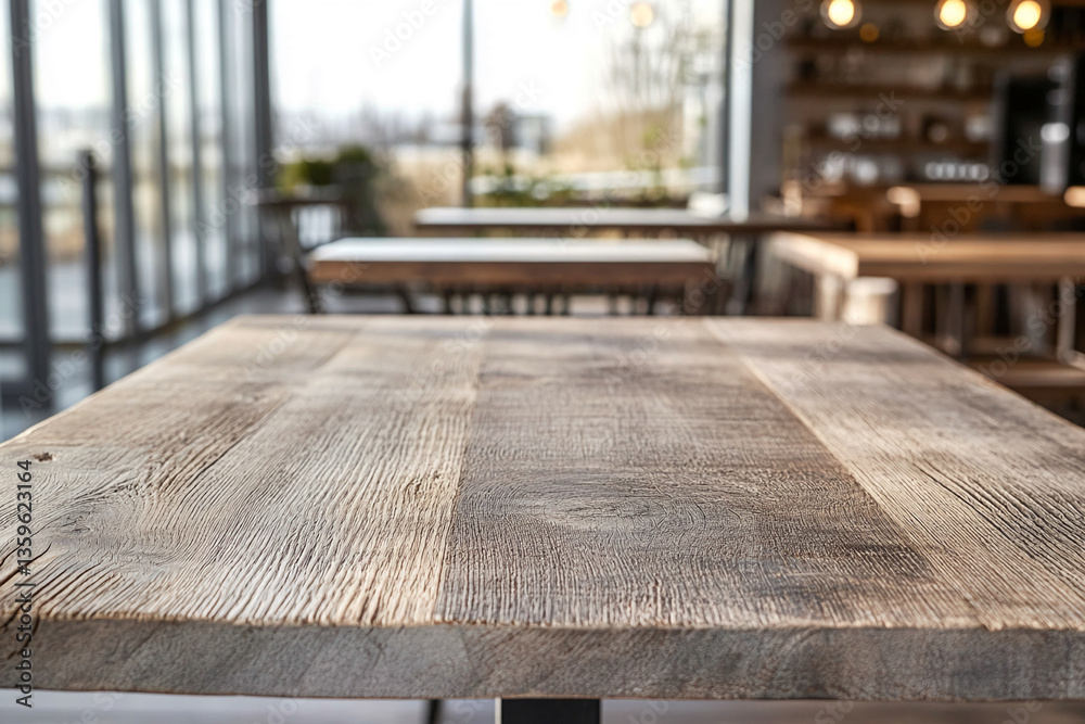 Poster Close-up of rustic wood table texture, showcasing natural grain and color variations, representative of simplicity and authenticity, ideal for product display or restaurant setting