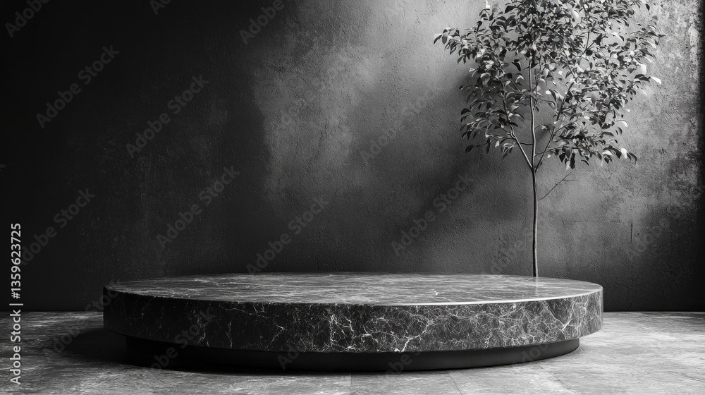 Poster A solitary tree emerges from a sleek stone platform, basking in soft light amid a stark monochrome backdrop. The blend of nature and modern design creates an intriguing focal point in the space