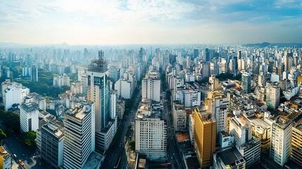 Fototapeta premium A sprawling urban panorama featuring a mix of contemporary high-rises and classic structures, rooftop details visible from above, wide roads and bustling activity forming a lively scene 