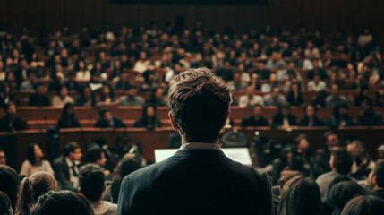 Naklejka premium A business speaker delivers a corporate presentation while an audience listens attentively in a conference hall, highlighting key aspects of entrepreneurship and professional growth