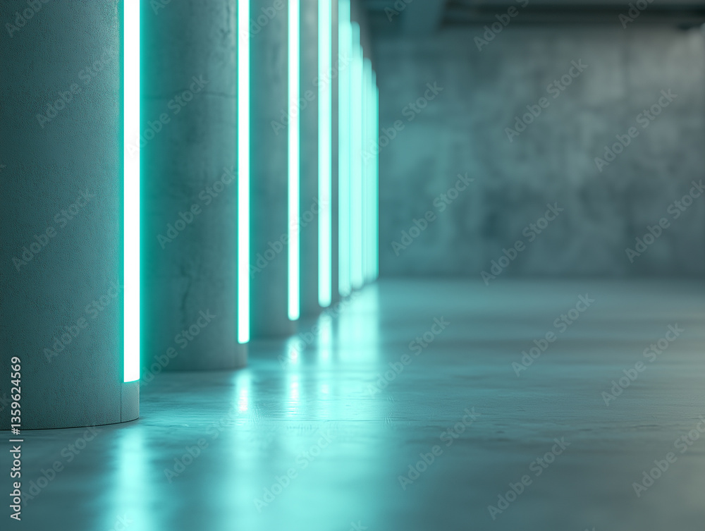 Aufkleber row of illuminated columns with futuristic glow in minimalist concrete space