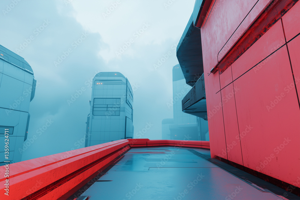 Poster futuristic cityscape with red and blue tones, showcasing minimalistic sci fi architecture