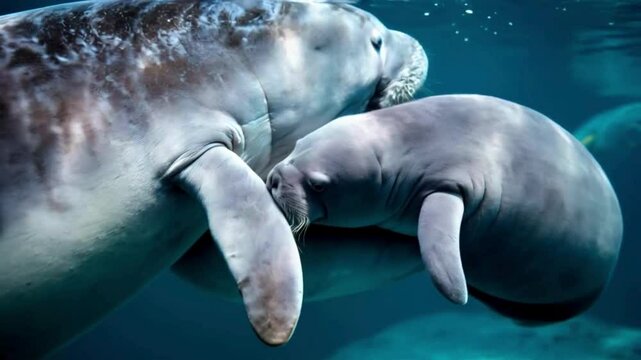  A playful manatee calf swimming beside its mother, rolling and gliding through the water, showcasing a heartwarming and serene marine life moment