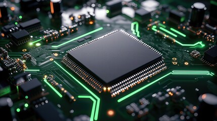 Technology's Core: A high-angle perspective delves into the intricate world of a cutting-edge microchip embedded within a vibrant, luminous circuit board.