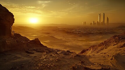 A stunning vista of Riyadh at sunset, the city bathed in a golden glow, skyscrapers like the Kingdom Tower and Faisaliah Tower towering over the skyline, long shadows stretching across the desert 