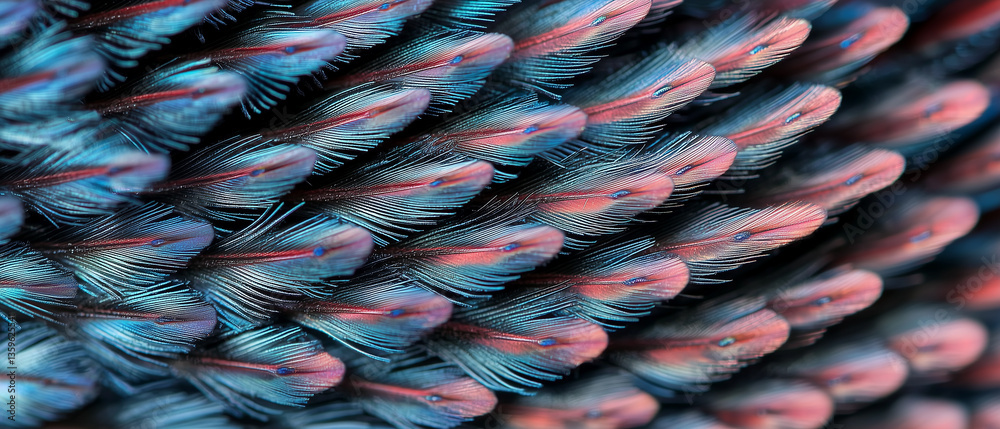 Poster macro shot of peacock feather highlights vibrant colors and intricate patterns
