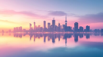 Obraz premium A stylish city skyline at dusk, pastel hues of peach, lavender, and soft blue illuminating the sunset, mirrored perfectly on the glassy water surface below 