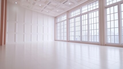 Fototapeta premium Bright Minimalist Studio Room White Walls Large Windows Natural Light