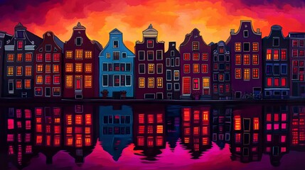 Fototapeta premium A stylized sunset depiction of Amsterdam, showcasing the iconic canal houses with their gabled facades glowing in warm orange and pink hues 