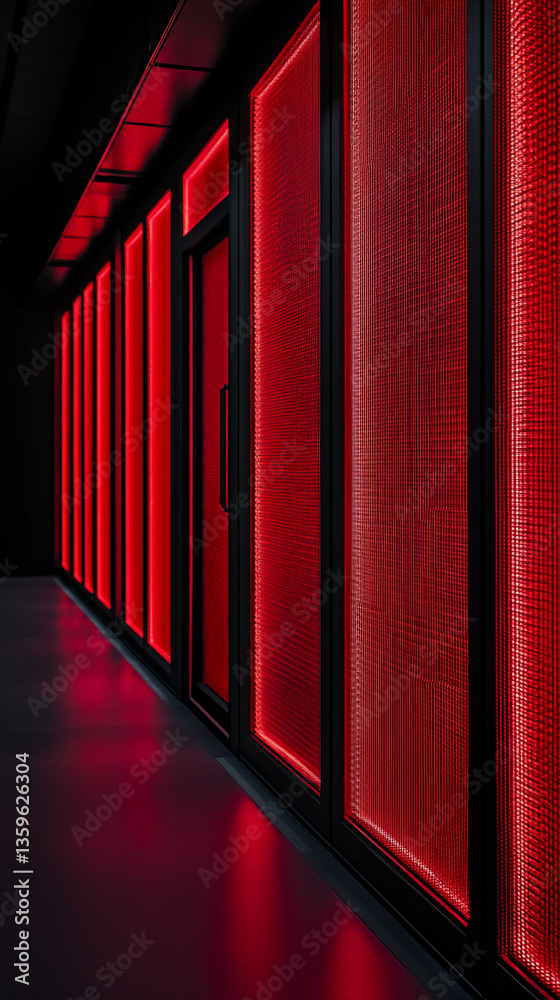 Poster red illuminated panels create a corridor effect, showcasing a modern and minimalist design, symboliz