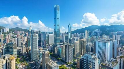 Fototapeta premium A sweeping panorama of a bustling capital city, showcasing its towering skyscrapers and modern business district, vibrant streets filled with activity, and a backdrop of a clear blue sky 