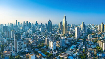 A sweeping panorama of a bustling capital city, showcasing its towering skyscrapers and modern business district, vibrant streets filled with activity, and a backdrop of a clear blue sky 
