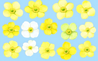 Vibrant Yellow and White Flowers on Blue Background Botanical Illustration