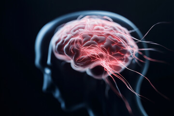 Glowing human brain inside head silhouette shows intricate network of neural connections and pathways.